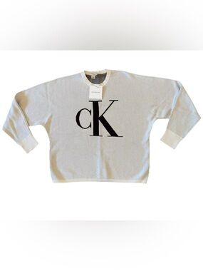Calvin Klein Women Sz M Chalk White Cotton Long Sleeve Sweater Big Logo Pullover
